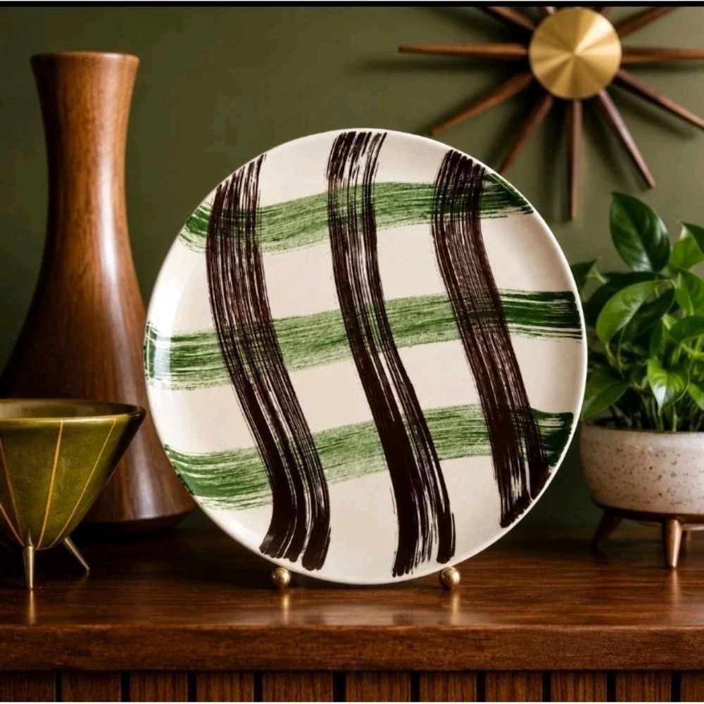 1950s Stetson Hand-Painted Heather Plaid Underglaze 9.5" Dinner Plate MCM